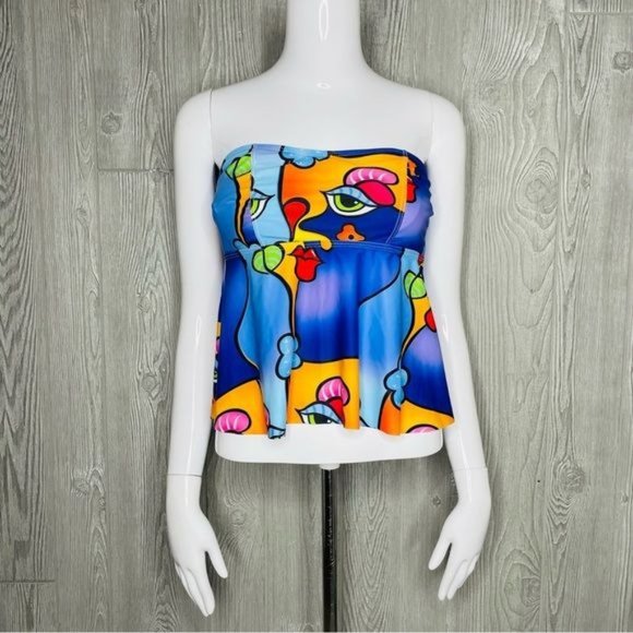 Cartoon Graphic Bandeau Peplum Bikini Swimsuit top strapless bathing suit swimwe - Picture 1 of 5